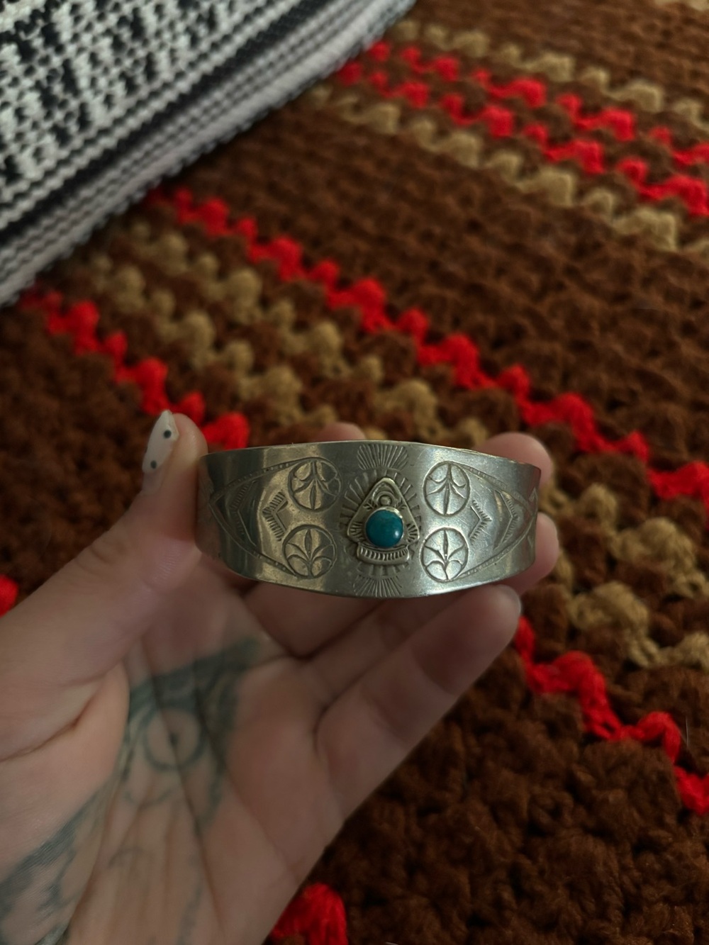 Sterling Silver Cuff Bracelet with Turquoise Cabochon - Picture 3 of 4